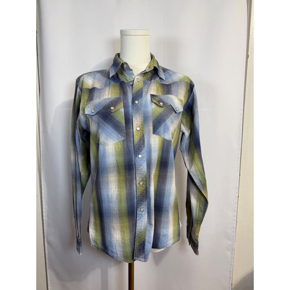 Wrangler Youth XL 14-16 Blue Green Plaid Metallic Western Snap Shirt WACH40194